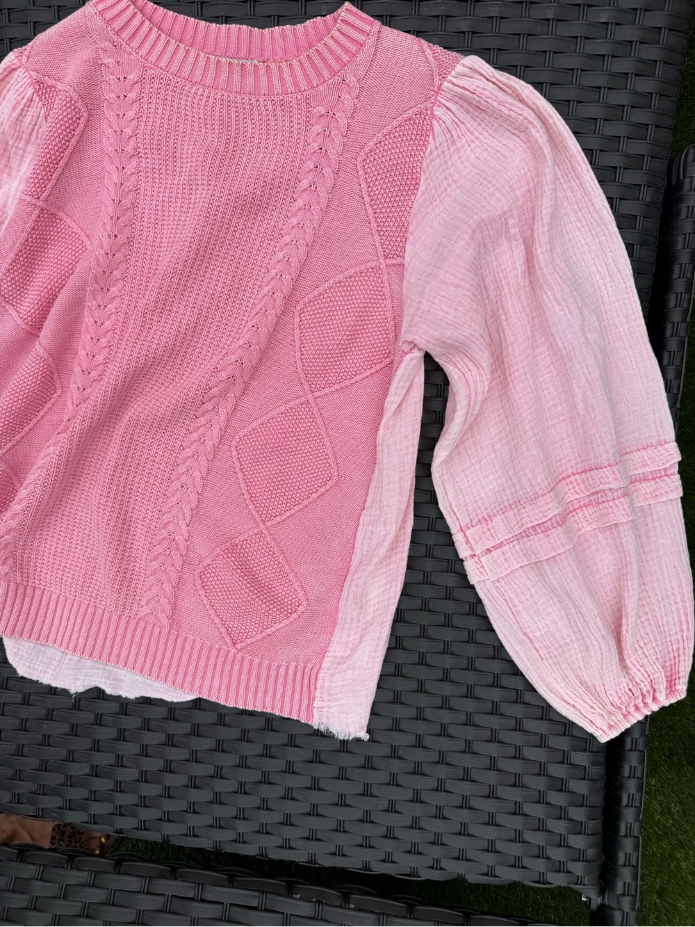 Fate Pink Mixed-Knit Cable & Puff Sleeve Sweater